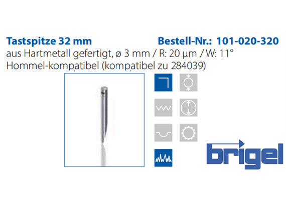 Tastspitze 32 mm  Ø 3 mm / R: 20 µm / W: 11°,  Hartmetall, Hommel-kompatibel | Bild 3
